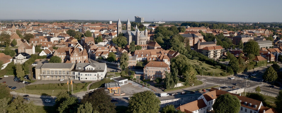 The picture shows a cityscape overlooking Viborg with various architectural structures. Numerous houses with red roofs are densely packed together, forming a sea of red amidst the green trees. A prominent church with two spires is visible in the center, standing out due to its height and distinctive architecture. The foreground features a large white building with multiple windows and parked cars around it, indicating a public or commercial structure. Trees are scattered throughout the city, adding green elements to the urban landscape. In the background, the sky is open with minimal clouds, casting natural light over the entire scene.