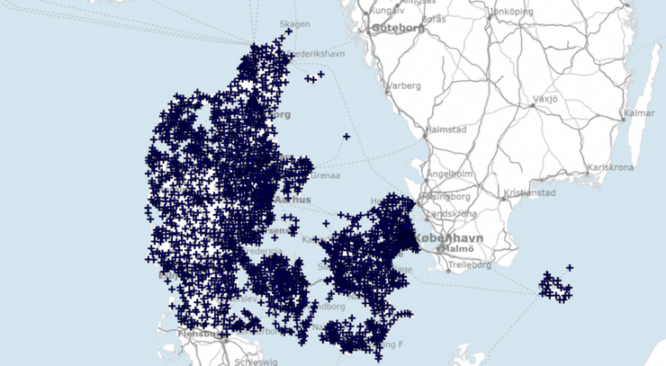 Et danmarkskort med masser af markeringer på.