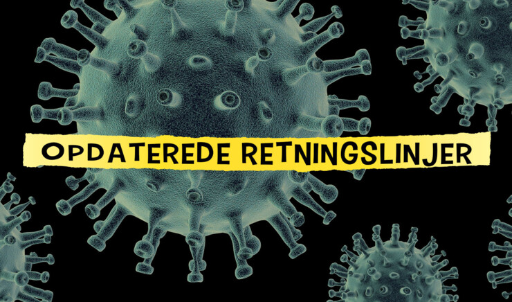 Coronavirus med banner hvor der står Opdaterede retningslinjer