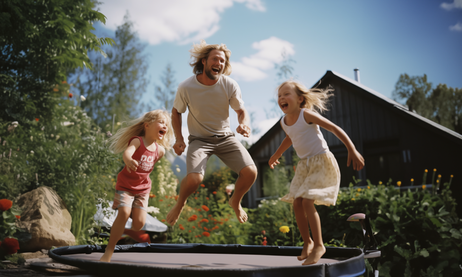 Billedet viser tre personer midt i et spring på en trampolin i en have. Baggrunden viser et hus og frodigt grønt område under en klar himmel. Stemningen i billedet er fyldt med glæde og udendørs aktivitet.